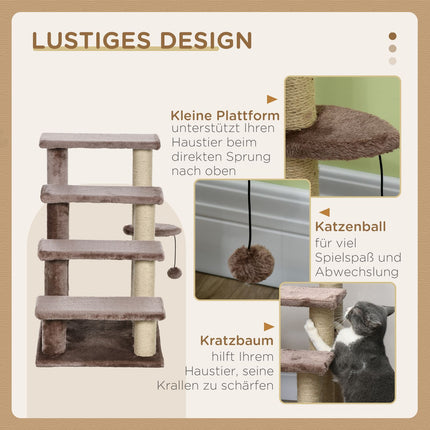 Pet ladder with scratching post, plush, brown, 60x40x64 cm