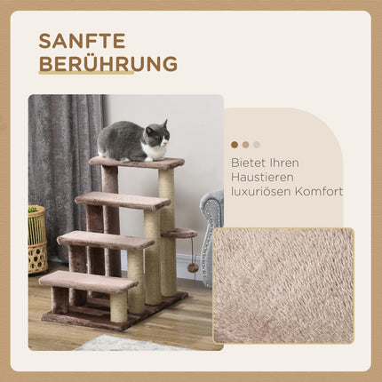 Pet ladder with scratching post, plush, brown, 60x40x64 cm