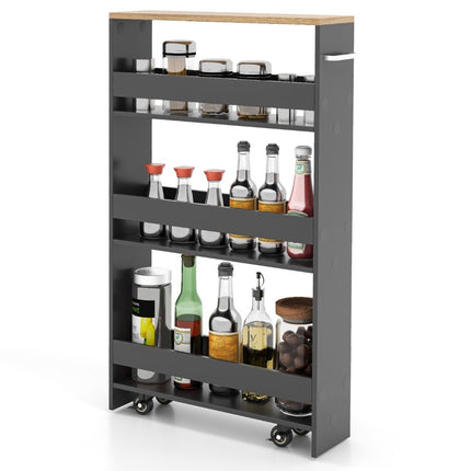 4patrový úzký regál na dřevěných kolečkách s madlem kuchyňský vozík 47.5 x 20 x 80.5 cm šedá + přírodní
