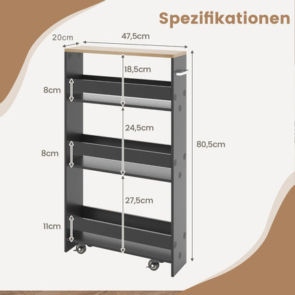 4patrový úzký regál na dřevěných kolečkách s madlem kuchyňský vozík 47.5 x 20 x 80.5 cm šedá + přírodní
