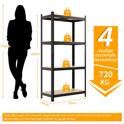 4patrový úložný regál s kovovým rámem, robustní regál, nosnost až 720 kg, kovový regál, černá