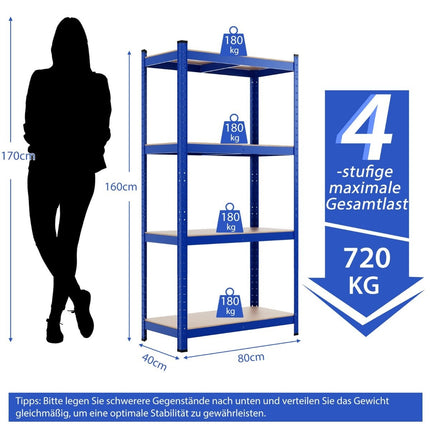 4patrový úložný regál s kovovým rámem, robustní regál, nosnost až 720 kg, kovový regál, modrá