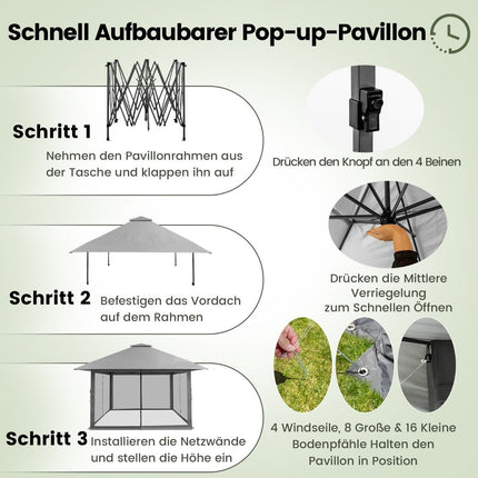 Altán 4 x 4 m zahradní pavilon se síťovanými bočnicemi UV ochrana 50+ šedá