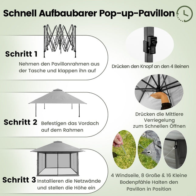 Altán 4 x 4 m zahradní pavilon se síťovanými bočnicemi UV ochrana 50+ šedá