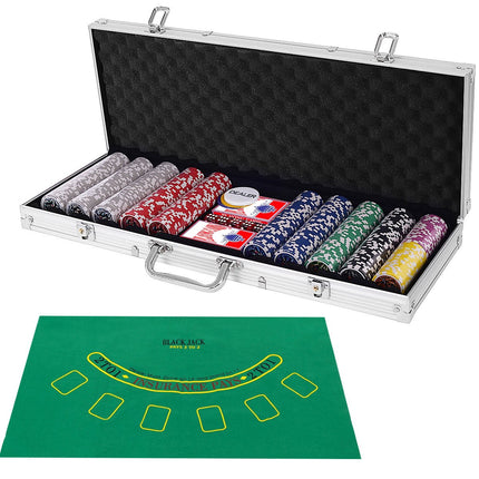 Pokerová sada 500 dílů se žetony, kartami, kostkami a kufříkem