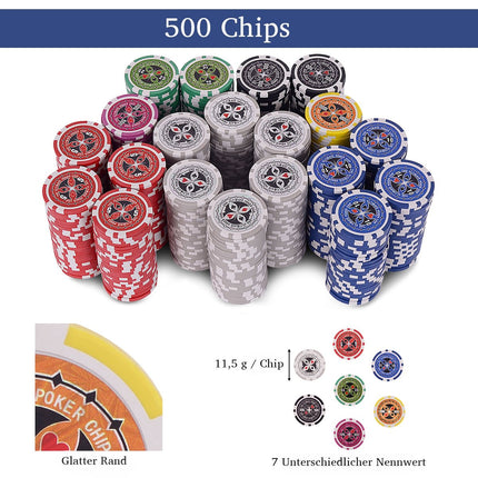 Pokerová sada 500 dílů se žetony, kartami, kostkami a kufříkem