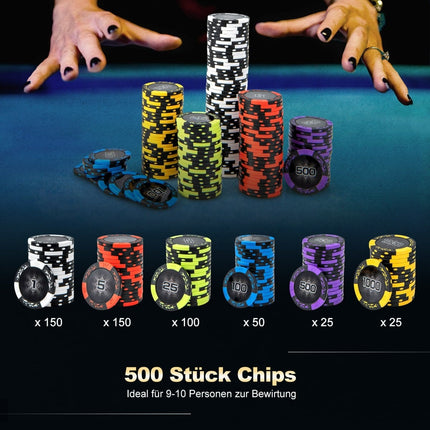Pokerová sada 500 dílů s laserovými žetony, kartami, kostkami a kufříkem