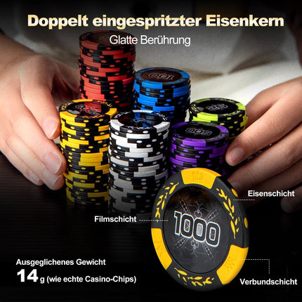 Pokerová sada 500 dílů s laserovými žetony, kartami, kostkami a kufříkem