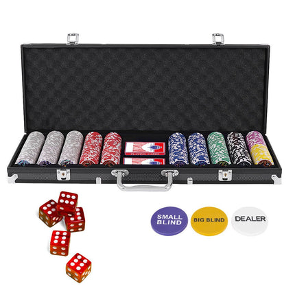 Kasino pokerová sada 500 dílů se žetony a hracími kartami a kostkami a dealer žetony a plátnem na stůl černá