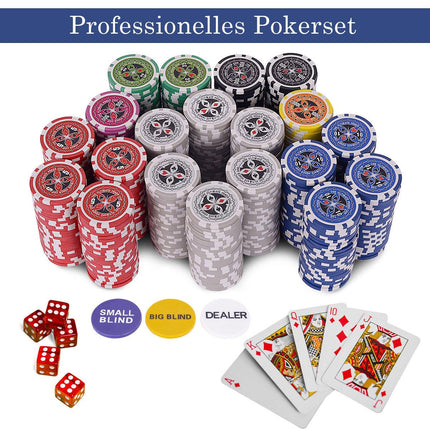 Kasino pokerová sada 500 dílů se žetony a hracími kartami a kostkami a dealer žetony a plátnem na stůl černá