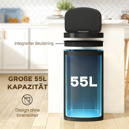 55L Sensor Trash Can, Soft-Close Lid, Stainless Steel, Black