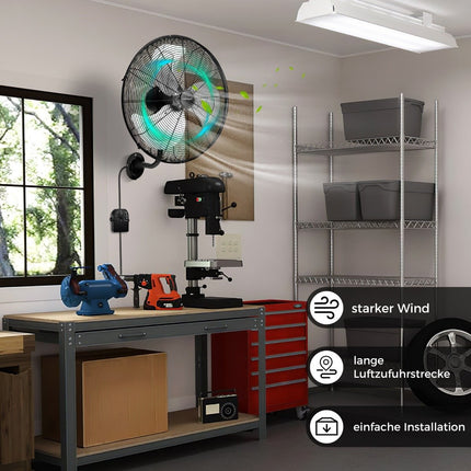 Ø56 cm nástěnný oscilační ventilátor pro sklad, skleník, dílnu, terasu a sklep, černý