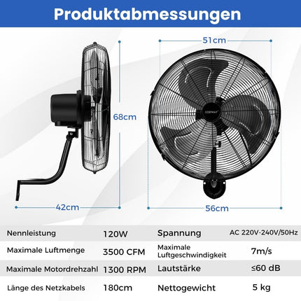 Ø56 cm nástěnný oscilační ventilátor pro sklad, skleník, dílnu, terasu a sklep, černý