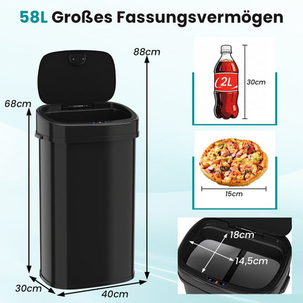 Senzorový odpadkový koš 58L, dvoukomorový, černý kov