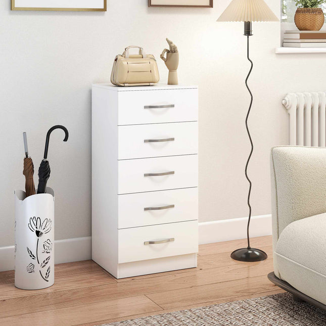 5-Drawer White Dresser, Chipboard, Space-Saving Design
