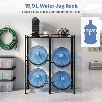 5 Gallon Water Jug Holder for 4 Bottles with Top Shelf, Black, Carbon Steel