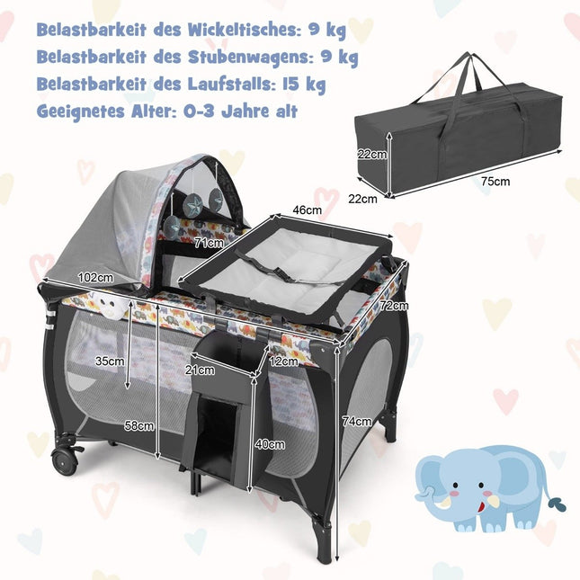 Dětská postýlka 5 v 1 přenosná přístavná cestovní postýlka se skládací matrací 102 cm x 72 cm x 74 cm barevná