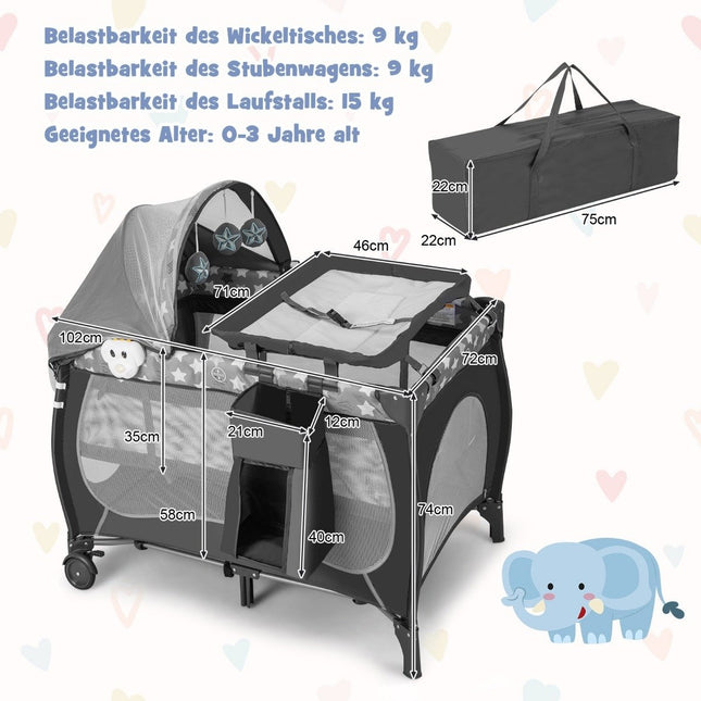 Dětská postýlka 5 v 1 přenosná přístavná cestovní postýlka se skládací matrací 102 cm x 72 cm x 74 cm šedá