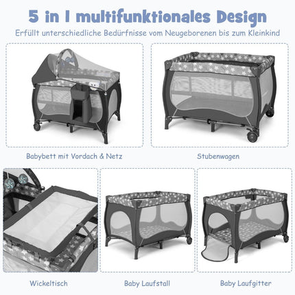 5 IN 1 Baby Bed Portable Side Bed Travel Cot with Foldable Mattress 102 cm x 72 cm x 74 cm Gray