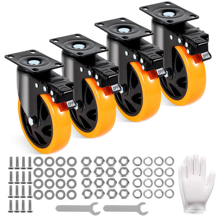 5-Inch Swivel Plate Casters, Set of 4, Locking PVC