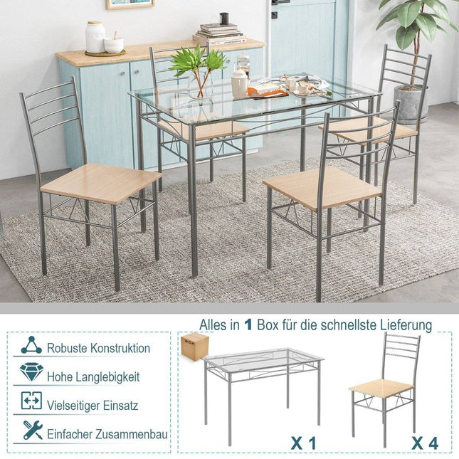 Eetkamerset van 5 stuks: rechthoekige glazen eettafel met 4 stoelen en roestvrij metalen frame
