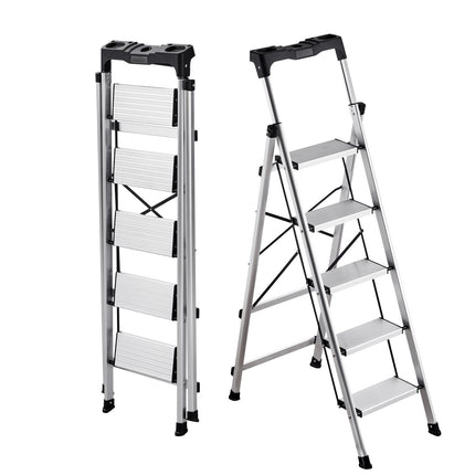 5-Step Folding Aluminum Ladder, 150 kg, Anti-Slip, Tray