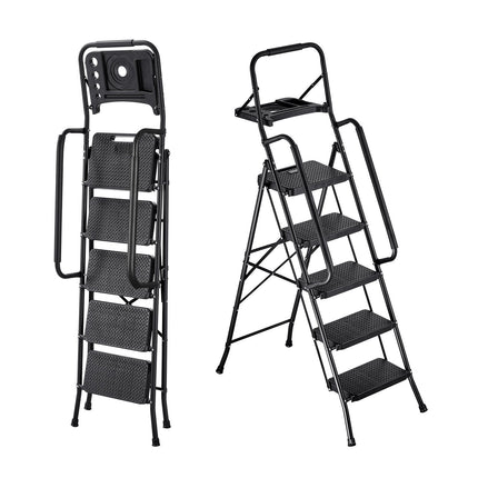 5-Step Folding Steel Ladder with Tool Tray, 600 lb