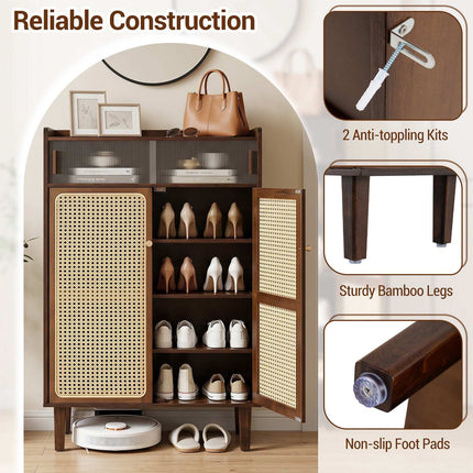 5-Tier Bamboo Shoe Cabinet with Rattan Sliding Doors