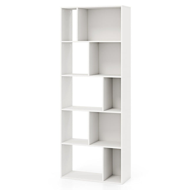 Boekenkast met 5 niveaus en 10 compartimenten, vrijstaande kamerverdeler, houten plank, open plank