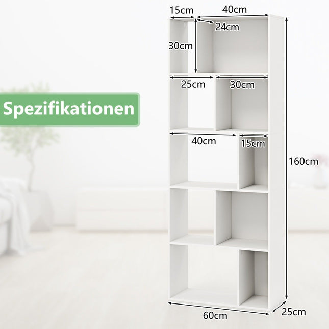 Boekenkast met 5 niveaus en 10 compartimenten, vrijstaande kamerverdeler, houten plank, open plank