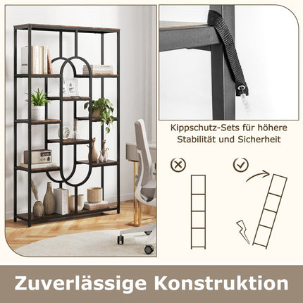 5patrová geometrická knihovna, hnědá a černá, kovový rám