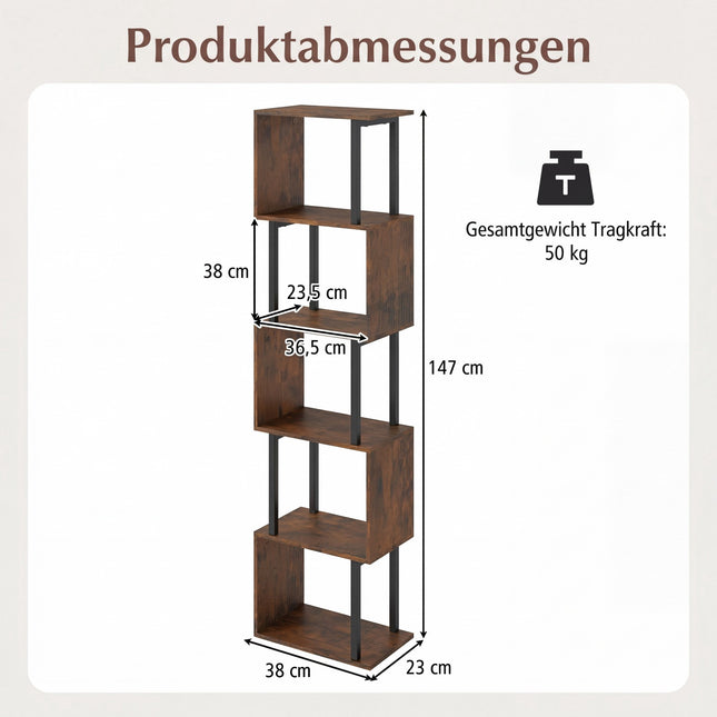 5patrová geometrická knihovna s ochranou proti převrácení, rustikální hnědá