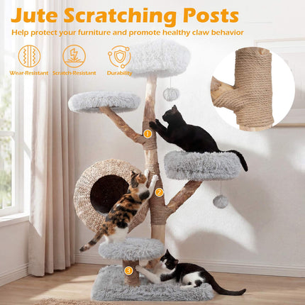 5-Tier Gray Wooden Cat Tree with Plush Perches & Jute Posts