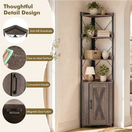 5-Tier Grey Corner Shelf with Cabinet and Fall Protection