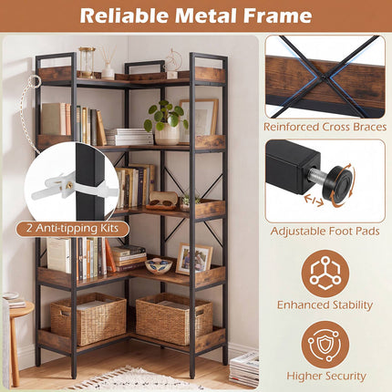 5-Tier L-Shaped Corner Bookshelf, Brown, 72x69x167 cm