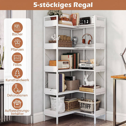 5-Tier L-Shaped Corner Bookshelf, Wood, White, 72x69x167 cm