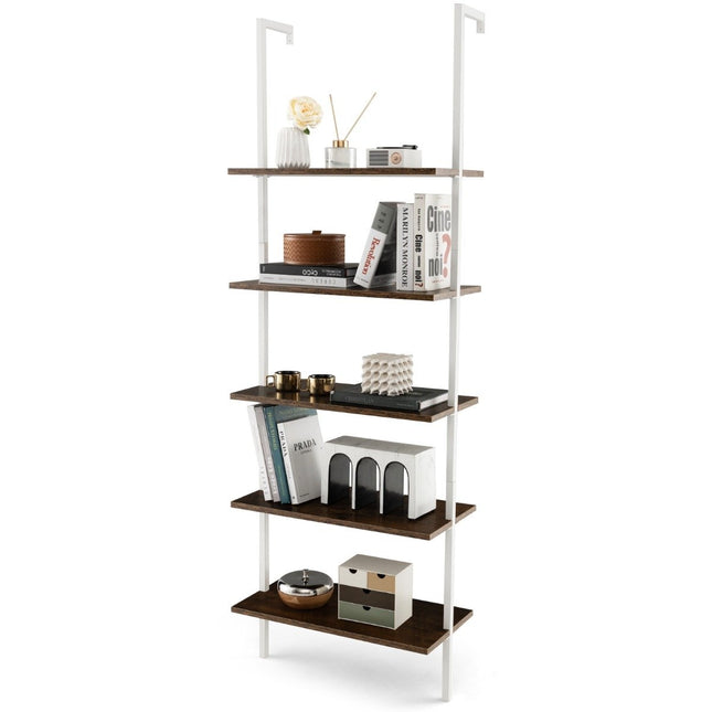 Leiterregal mit 5 Ebenen, Wandmontage, 180 cm, Bücherregal mit Metallrahmen, Braun
