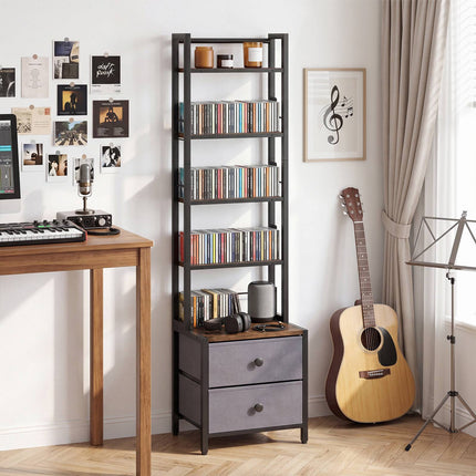 5-Tier Media Storage Rack with Drawers & Book Stoppers