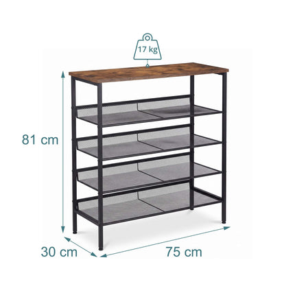 5-Tier Metal & MDF Shoe Rack, Brown, 81x75x30 cm