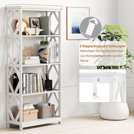 5patrová otevřená knihovna, bílá MDF, kosočtvercový design