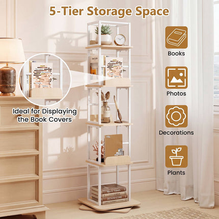 5-Tier Rotating Bookshelf Tower with 360 Spin, Oak Finish