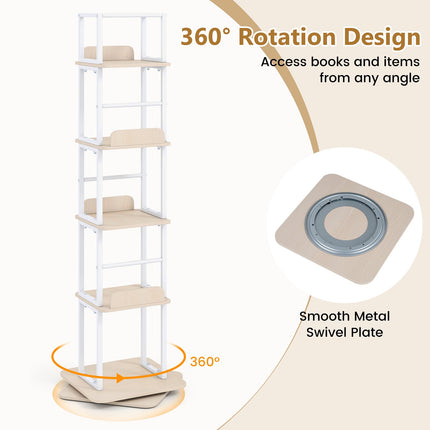 5-Tier Rotating Bookshelf Tower with 360 Spin, Oak Finish