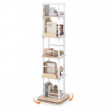 5-Tier Rotating Bookshelf Tower with 360 Spin, Oak Finish