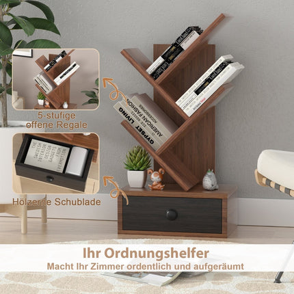 5-stufiges Baum-Bücherregal mit Schublade – Braun, platzsparend