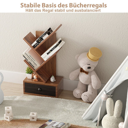 5-stufiges Baum-Bücherregal mit Schublade – Braun, platzsparend