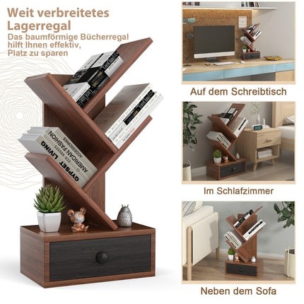 5-stufiges Baum-Bücherregal mit Schublade – Braun, platzsparend