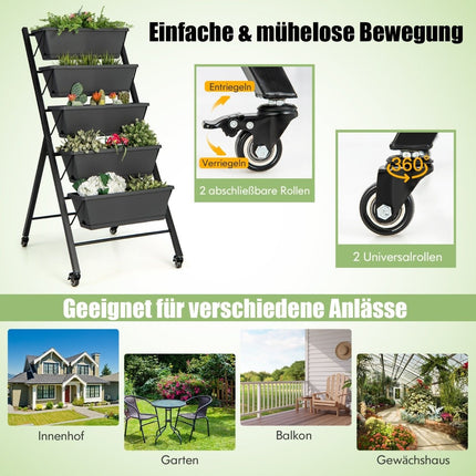 5patrový vertikální vyvýšený záhon s kolečky a drenážními otvory a truhlíky černá