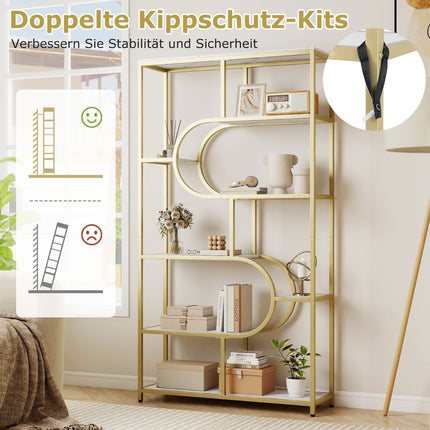 5-Tier White & Gold Bookshelf with Open Shelves