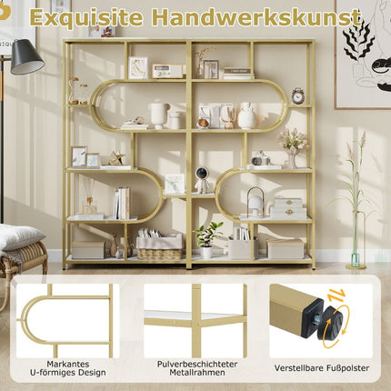 5-Tier White & Gold Bookshelf with Open Shelves