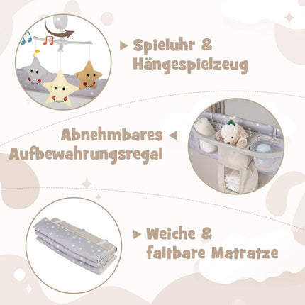 Skládací přístavná cestovní postýlka 5 v 1 s matrací 2 úrovně dětská postýlka s kolečky béžová